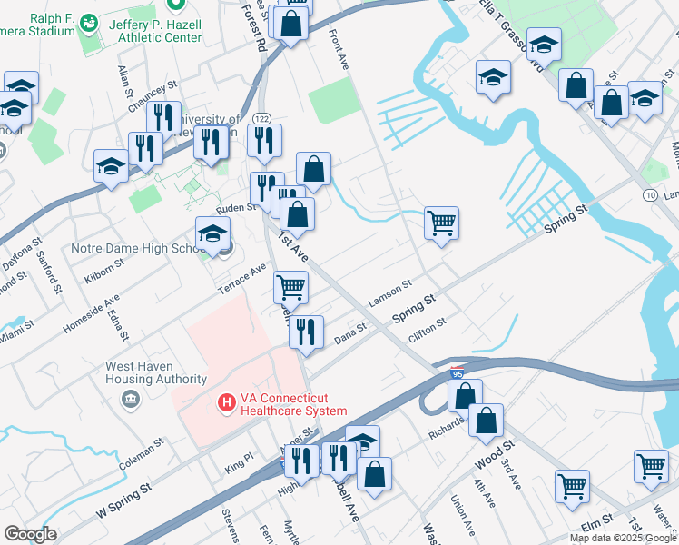 map of restaurants, bars, coffee shops, grocery stores, and more near 81 Alling Street Extension in West Haven