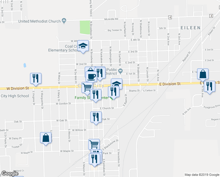 map of restaurants, bars, coffee shops, grocery stores, and more near 195 East Division Street in Coal City