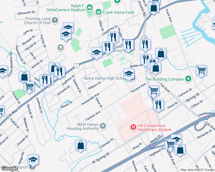 map of restaurants, bars, coffee shops, grocery stores, and more near 29 Homeside Avenue in West Haven