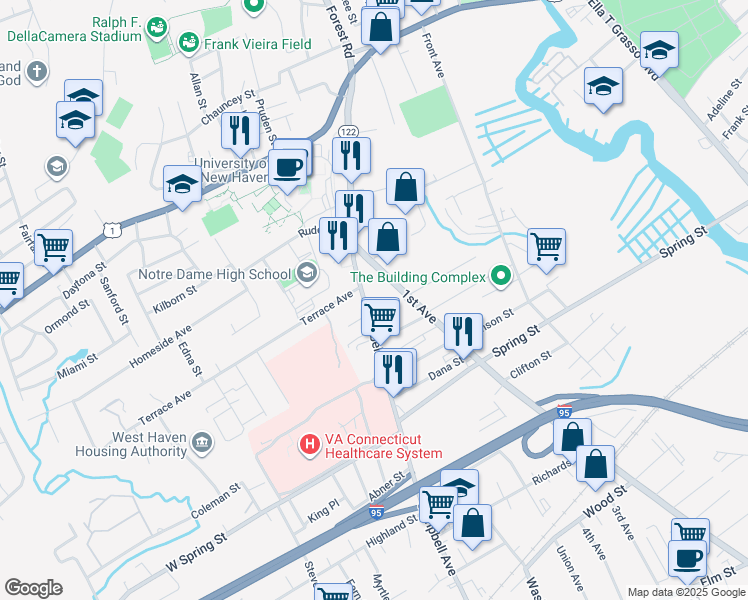 map of restaurants, bars, coffee shops, grocery stores, and more near 1048 Campbell Avenue in West Haven