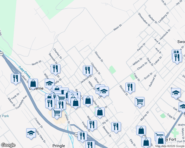 map of restaurants, bars, coffee shops, grocery stores, and more near 147 Jackson St in Swoyersville