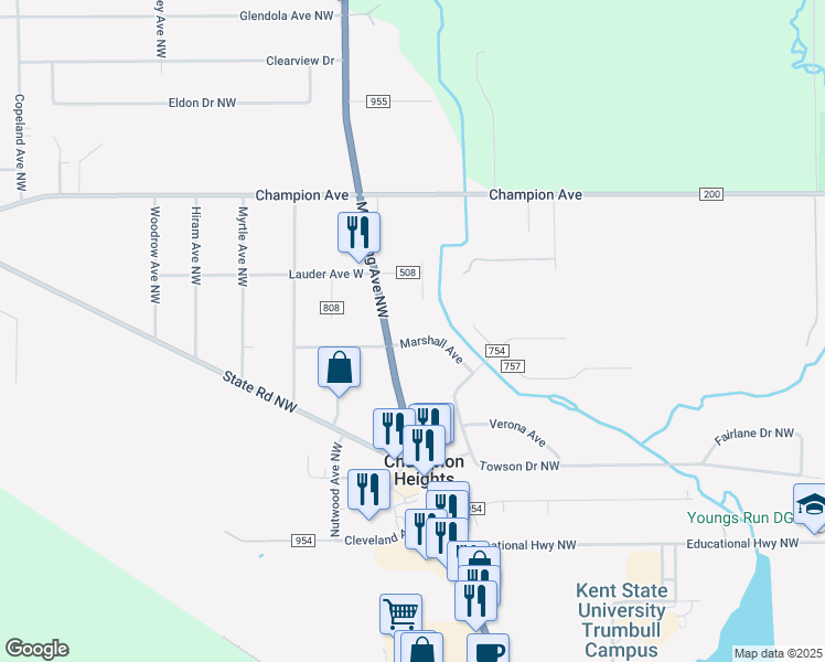 map of restaurants, bars, coffee shops, grocery stores, and more near 243 Marshall Avenue in Newton Falls
