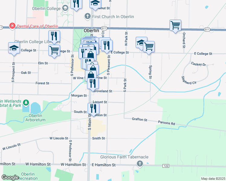 map of restaurants, bars, coffee shops, grocery stores, and more near 74 Groveland Street in Oberlin