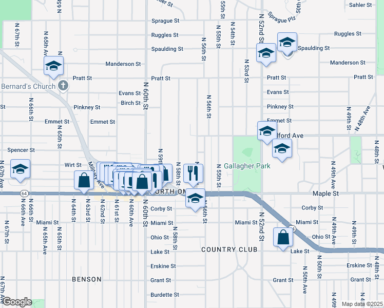 map of restaurants, bars, coffee shops, grocery stores, and more near 3115 North 58th Street in Omaha