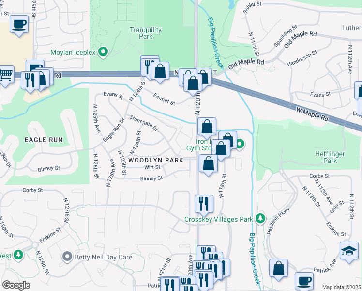 map of restaurants, bars, coffee shops, grocery stores, and more near 3205 North 121st Plaza in Omaha