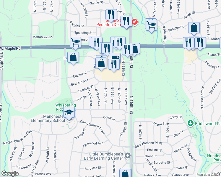 map of restaurants, bars, coffee shops, grocery stores, and more near 3205 North 169th Avenue in Omaha