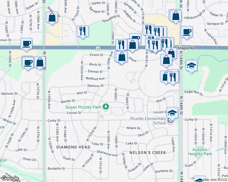 map of restaurants, bars, coffee shops, grocery stores, and more near 3116 North 150th Street in Omaha
