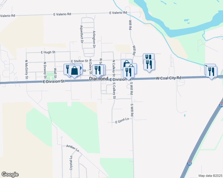 map of restaurants, bars, coffee shops, grocery stores, and more near 90 South Calkey Street in Diamond
