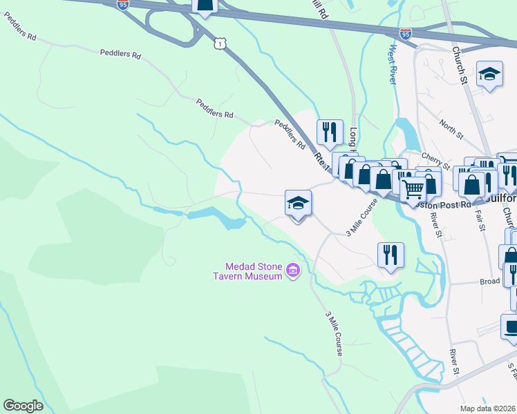 map of restaurants, bars, coffee shops, grocery stores, and more near 116 Dunk Rock Road in Guilford