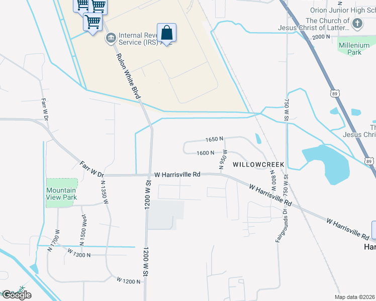map of restaurants, bars, coffee shops, grocery stores, and more near 1044 West 1600 North in Ogden
