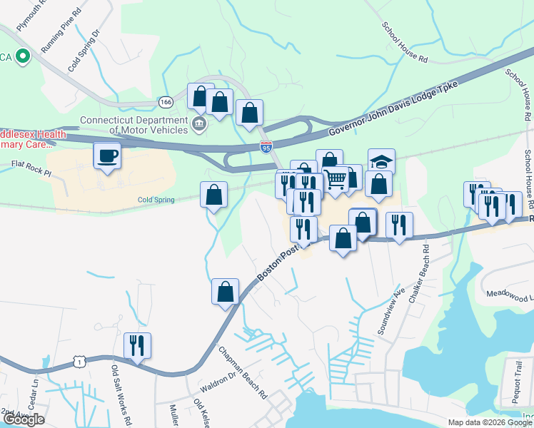 map of restaurants, bars, coffee shops, grocery stores, and more near 16 Harvey Drive in Old Saybrook