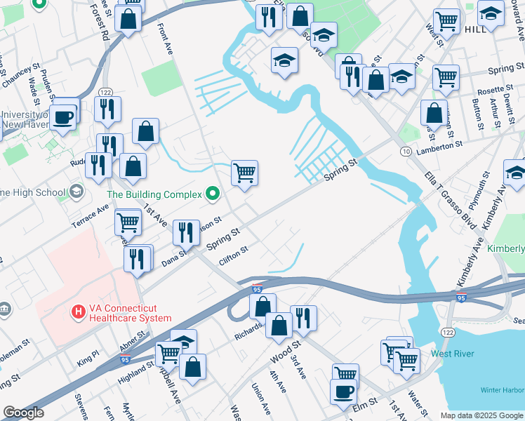 map of restaurants, bars, coffee shops, grocery stores, and more near 39 Spring Street in West Haven