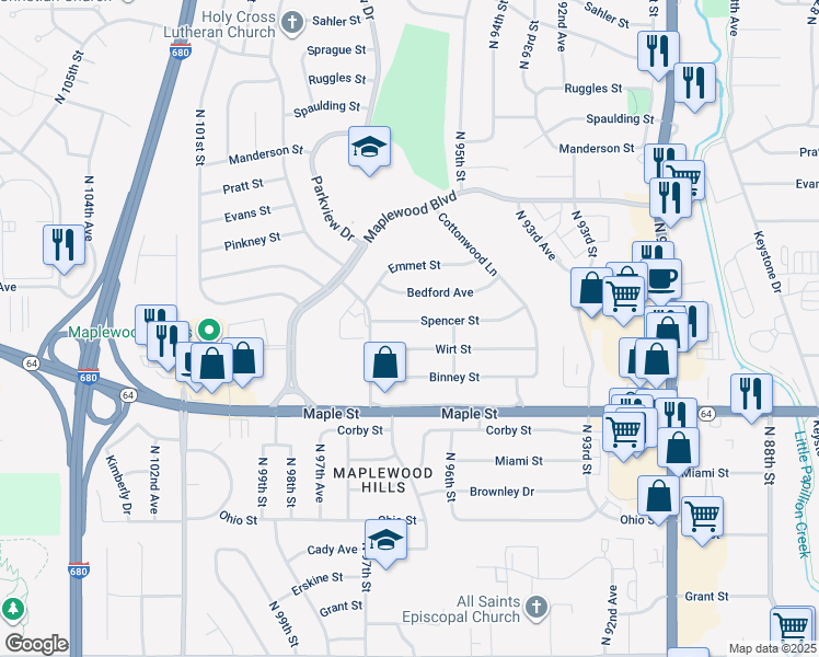 map of restaurants, bars, coffee shops, grocery stores, and more near 9603 Spencer Street in Omaha