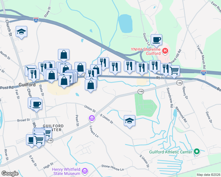 map of restaurants, bars, coffee shops, grocery stores, and more near 32 Mafre Drive in Guilford