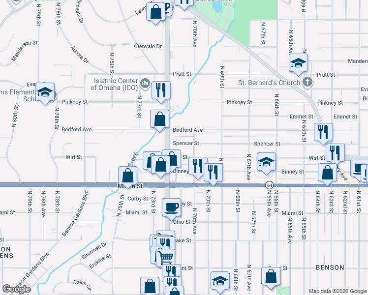 map of restaurants, bars, coffee shops, grocery stores, and more near 7067 Spencer Street in Omaha