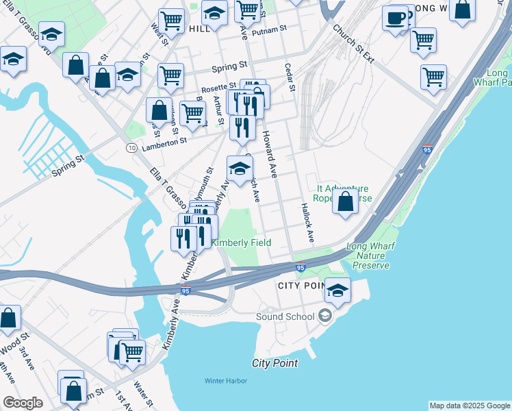 map of restaurants, bars, coffee shops, grocery stores, and more near 322 Greenwich Avenue in New Haven