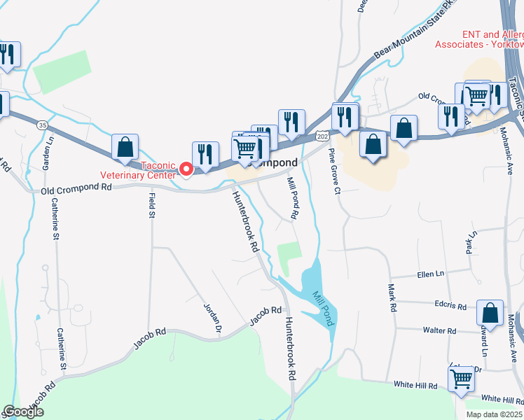 map of restaurants, bars, coffee shops, grocery stores, and more near 2463 Bound Brook Lane in Yorktown Heights