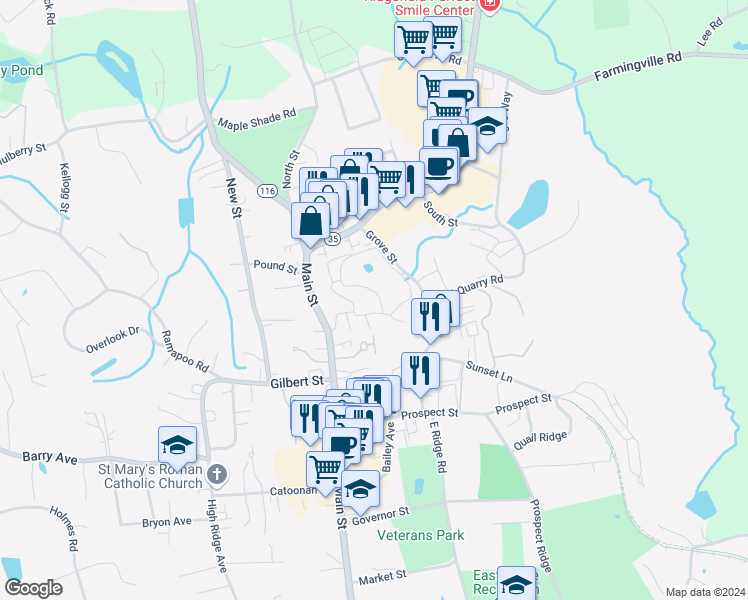 map of restaurants, bars, coffee shops, grocery stores, and more near 10 Lawson Lane in Ridgefield