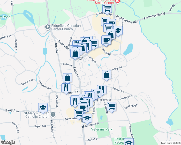 map of restaurants, bars, coffee shops, grocery stores, and more near 10 Lawson Lane in Ridgefield