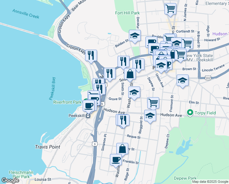 map of restaurants, bars, coffee shops, grocery stores, and more near 505 South Street in Peekskill