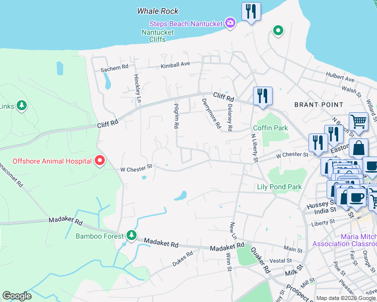 map of restaurants, bars, coffee shops, grocery stores, and more near 73A West Chester Street in Nantucket