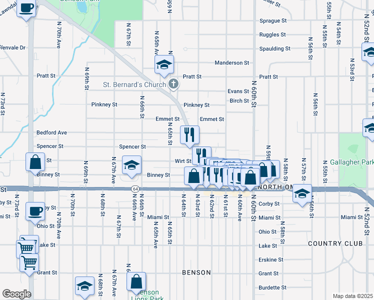 map of restaurants, bars, coffee shops, grocery stores, and more near 6319 Spencer Street in Omaha