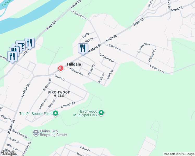 map of restaurants, bars, coffee shops, grocery stores, and more near 73-74 Hilldale Ave in Wilkes-Barre