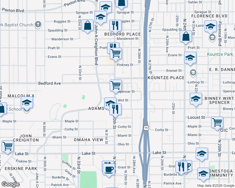 map of restaurants, bars, coffee shops, grocery stores, and more near 3117 North 30th Street in Omaha