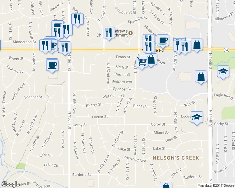 map of restaurants, bars, coffee shops, grocery stores, and more near 15210 Wirt Street in Omaha