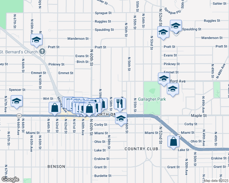 map of restaurants, bars, coffee shops, grocery stores, and more near 3115 N 58th St in Omaha