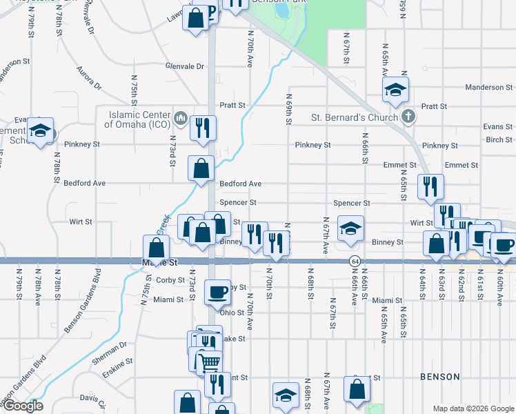map of restaurants, bars, coffee shops, grocery stores, and more near 6939 Spencer Street in Omaha