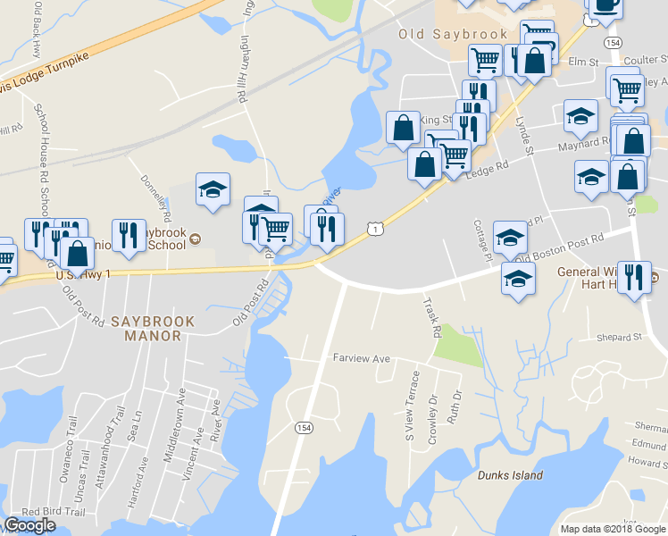 map of restaurants, bars, coffee shops, grocery stores, and more near 215 Old Boston Post Road in Old Saybrook