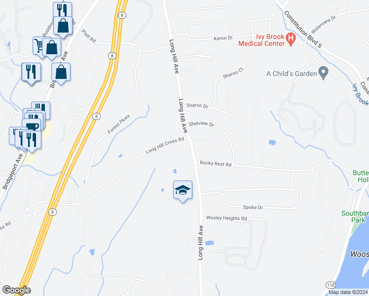 map of restaurants, bars, coffee shops, grocery stores, and more near 515 Long Hill Avenue in Shelton