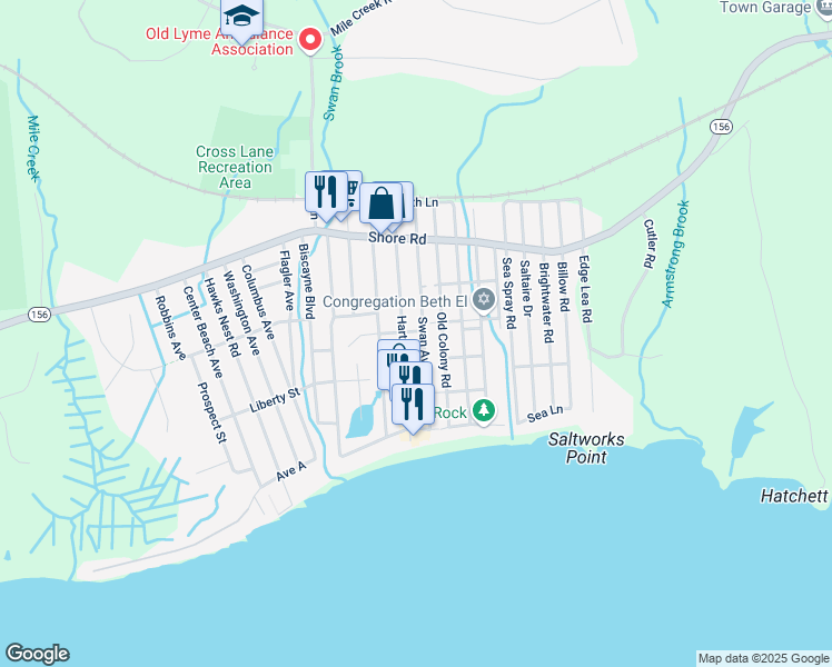 map of restaurants, bars, coffee shops, grocery stores, and more near 41 Swan Avenue in Old Lyme