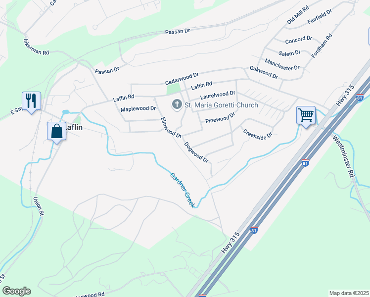 map of restaurants, bars, coffee shops, grocery stores, and more near 2 Dogwood Dr in Wilkes-Barre