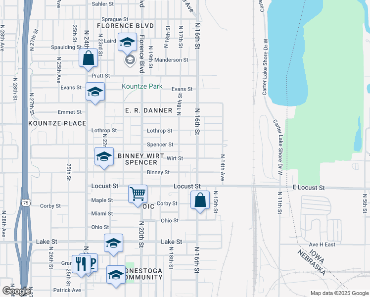 map of restaurants, bars, coffee shops, grocery stores, and more near 1623 Spencer Street in Omaha