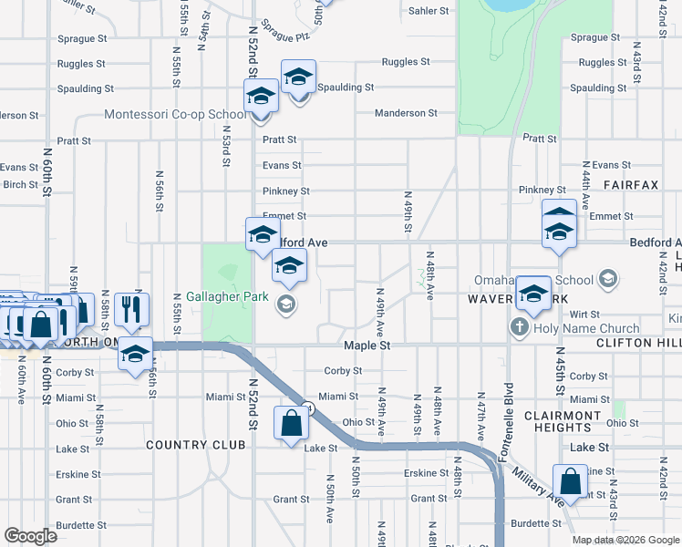 map of restaurants, bars, coffee shops, grocery stores, and more near 5013 Spencer Street in Omaha