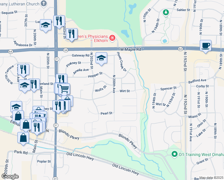 map of restaurants, bars, coffee shops, grocery stores, and more near 3102 North 200th Avenue in Omaha