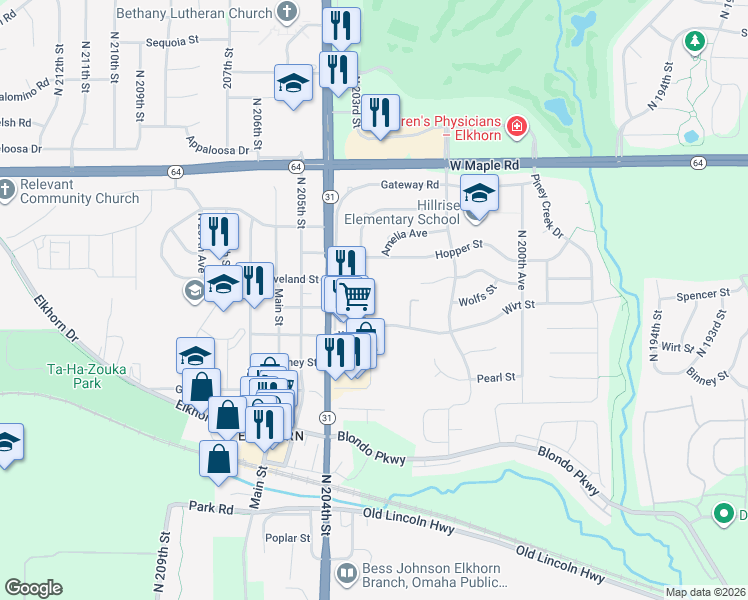 map of restaurants, bars, coffee shops, grocery stores, and more near 3201 North 203rd Street in Omaha