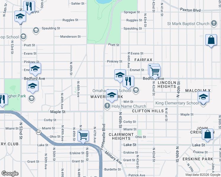 map of restaurants, bars, coffee shops, grocery stores, and more near 4535 Spencer Street in Omaha