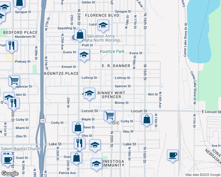 map of restaurants, bars, coffee shops, grocery stores, and more near 2011 Spencer Street in Omaha