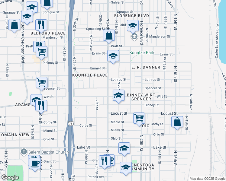 map of restaurants, bars, coffee shops, grocery stores, and more near 2211 Spencer Street in Omaha