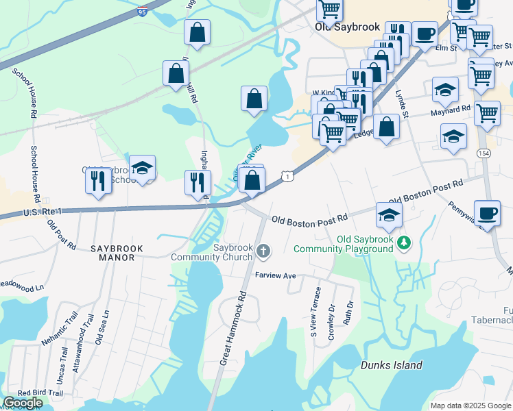 map of restaurants, bars, coffee shops, grocery stores, and more near 215 Old Boston Post Road in Old Saybrook
