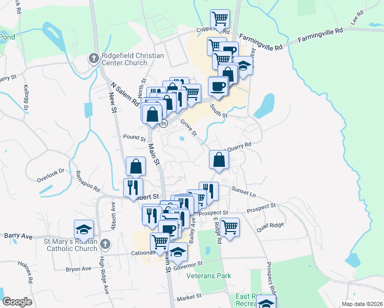 map of restaurants, bars, coffee shops, grocery stores, and more near 10 Lawson Lane in Ridgefield