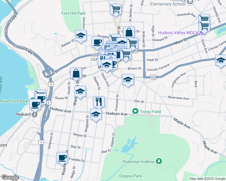 map of restaurants, bars, coffee shops, grocery stores, and more near 163 Union Avenue in Peekskill