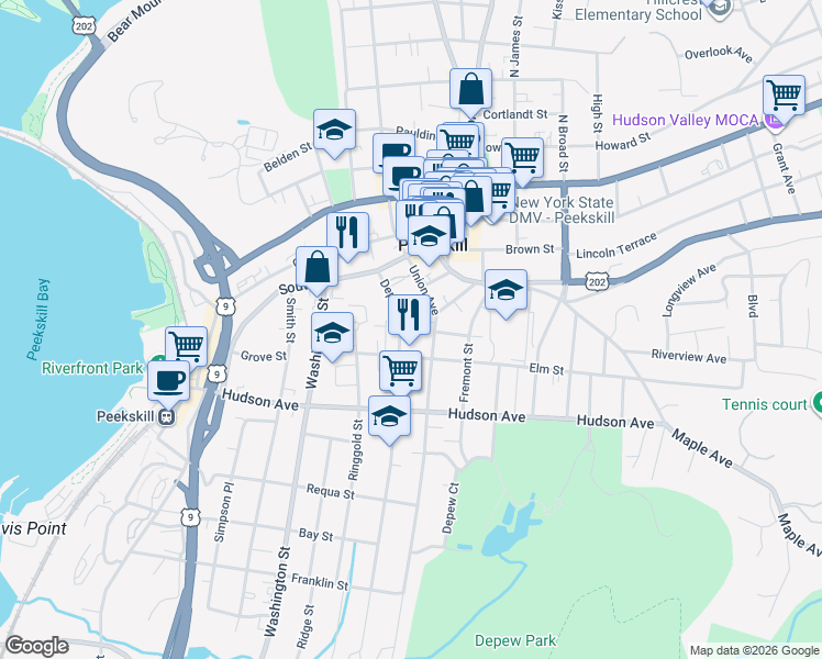 map of restaurants, bars, coffee shops, grocery stores, and more near 159 Depew Street in Peekskill