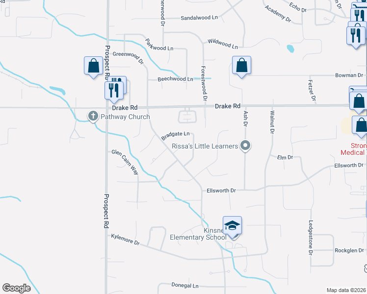 map of restaurants, bars, coffee shops, grocery stores, and more near 20544 Ashford Court in Strongsville