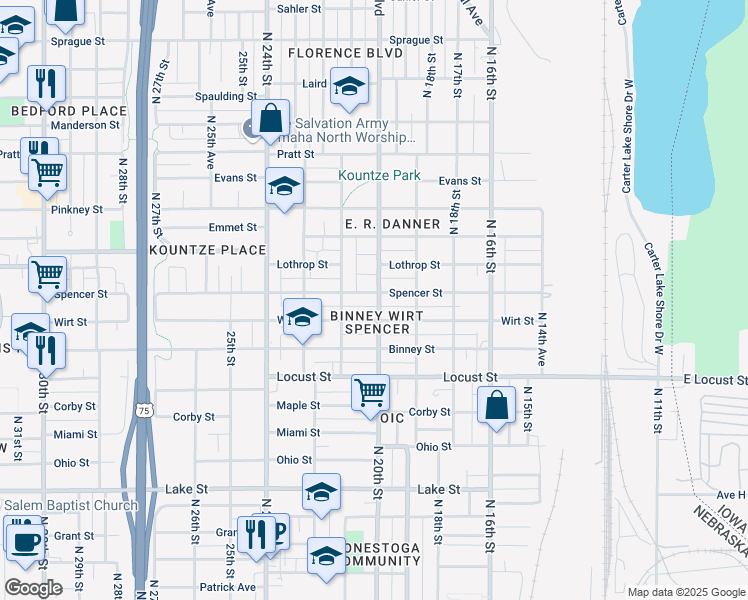 map of restaurants, bars, coffee shops, grocery stores, and more near 2011 Spencer Street in Omaha