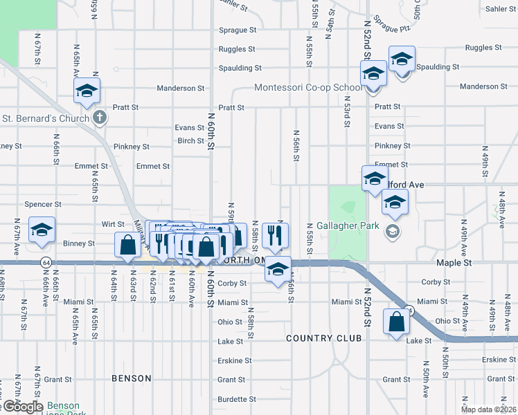 map of restaurants, bars, coffee shops, grocery stores, and more near 3115 North 58th Street in Omaha