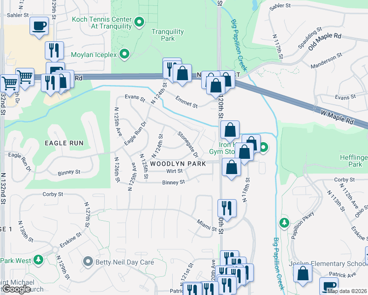 map of restaurants, bars, coffee shops, grocery stores, and more near 12106 Spencer Street in Omaha